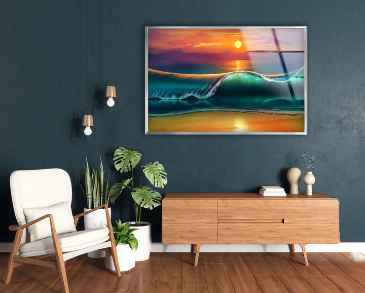 Sunset with Waves Landscape Glass Wall Art High-quality materials and cutting-edge printing methods are used to make our Glass Wall Art and Tempered Glass Wall Art. These pieces not only show off your best designs and images in great detail, but they also last a very long time. Our range of glass paintings and wall pictures will keep your home looking stylish and up-to-date.