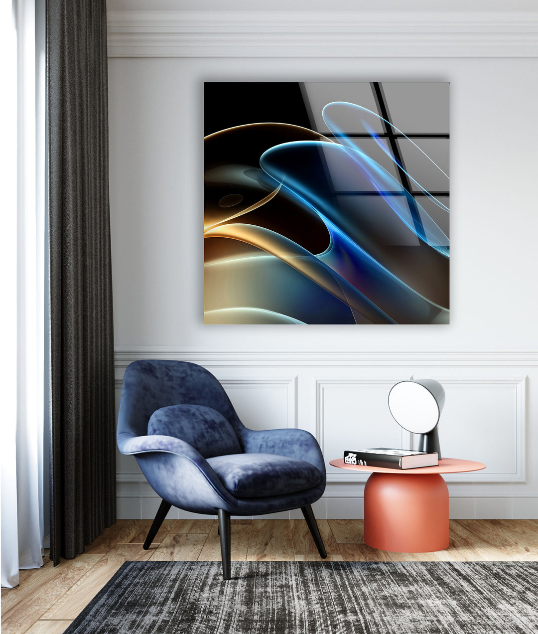 Blue Neon Wave Abstract Glass Wall Art, glass pictures for Wall, glass prints wall art