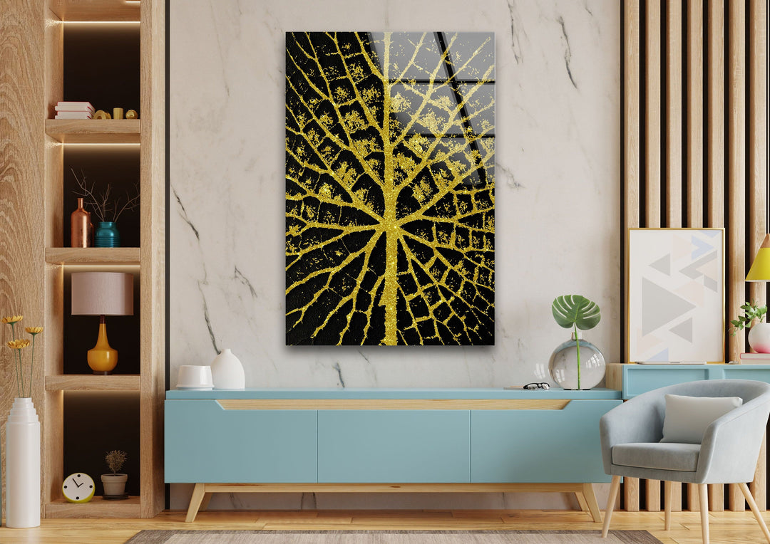 Golden Sparkle Leaves Glass Wall Art glass pictures for Wall, glass prints wall art