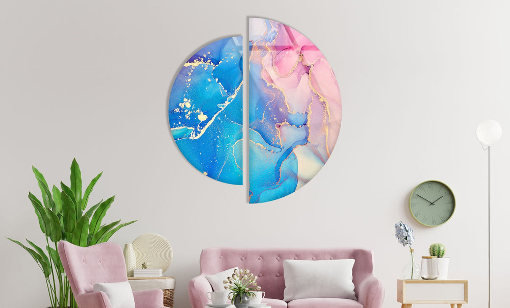 Set of 2 Piece Pink and Blue Abstract Glass Wall Art print picture on glass, Tempered Glass Wall Art
