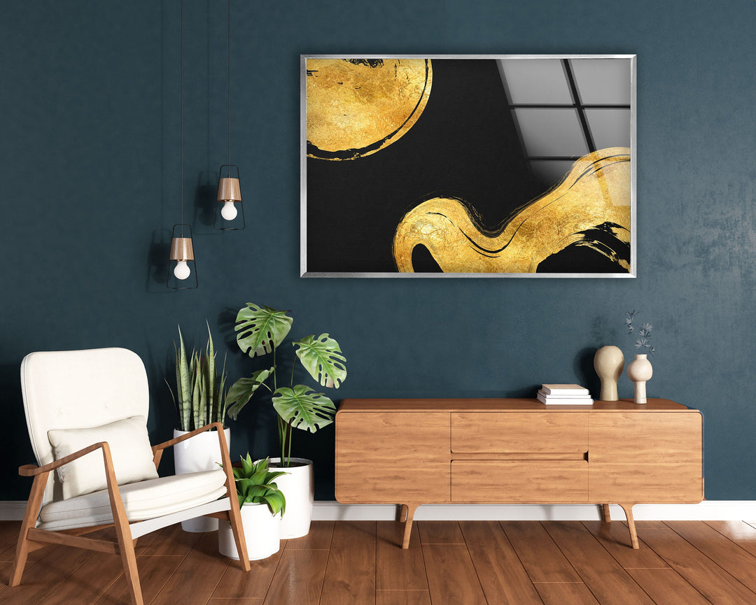 Gold Waves on Black Abstract Glass Wall Art, stained glass wall art, stained glass wall decor