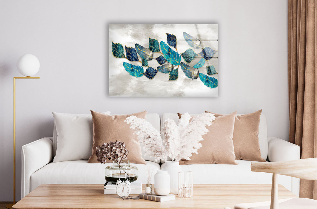 Blueish Golden Leaves Glass Wall Art, glass pictures for Wall, glass prints wall art