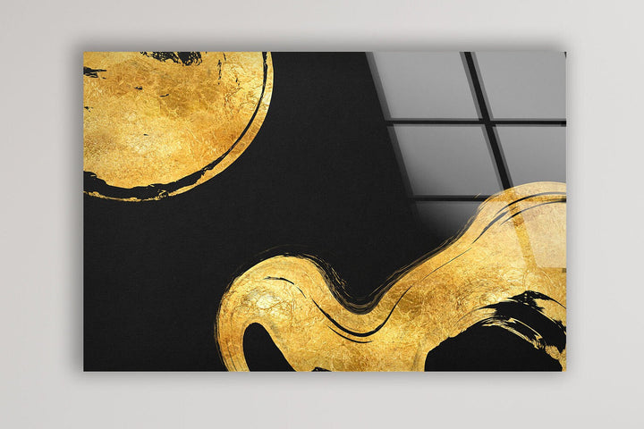 Gold Waves on Black Abstract Glass Wall Art, print on glass, glass printed photos