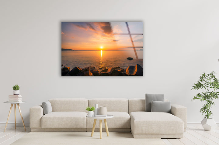 Sunset Rocks Sea Glass Wall Art print picture on glass, Tempered Glass Wall Art