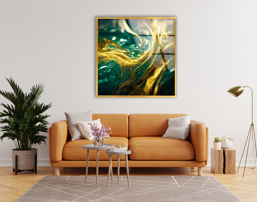 Green and Gold Marbling Glass Wall decor