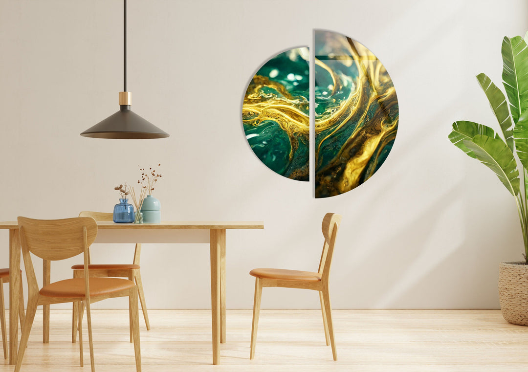 Round 2 Piece Gold Green Glass Wall Art Glass Printing Wall Art, Print photos on glass
