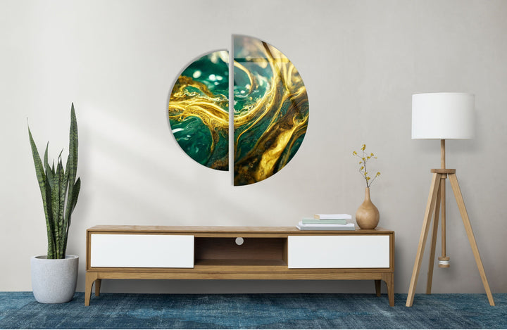 Round 2 Piece Gold Green Glass Wall Art glass art painting, glass art for the Wall
