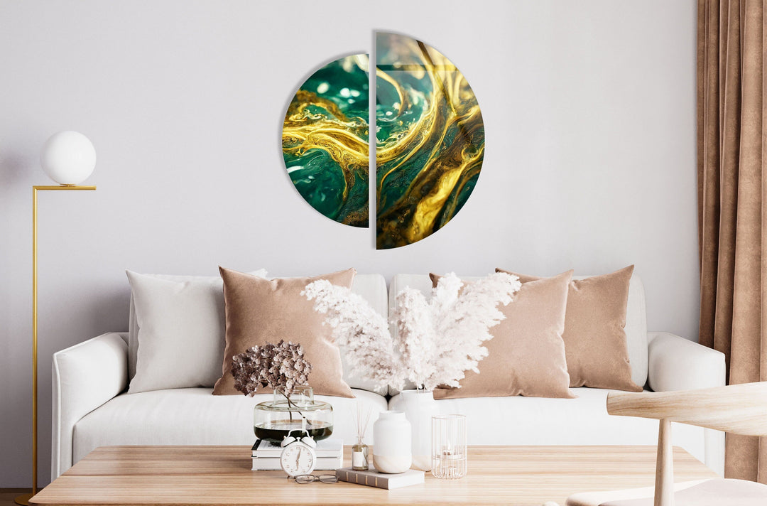 Round 2 Piece Gold Green Glass Wall Art glass photo prints, glass picture prints
