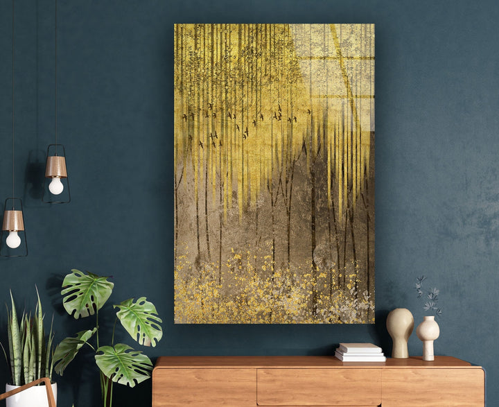 Golden Forest Glass Wall Art, glass wall decor, Tempered Glass Wall Art