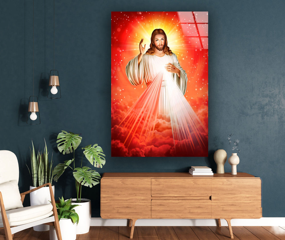 Red Jesus Christ Glass Art Painting Pieces