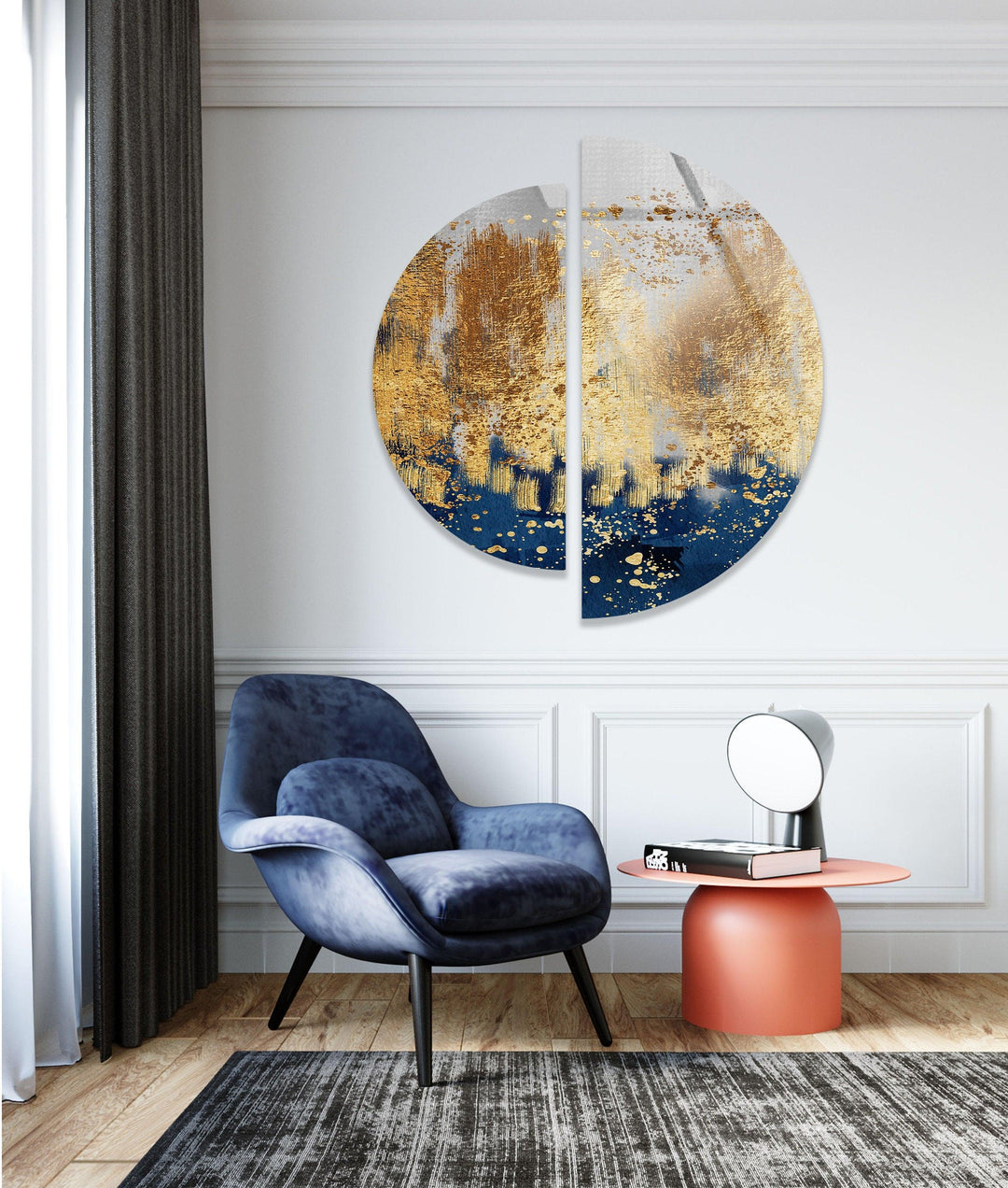 Round 2 Piece Blue & Gold Glass Wall Art glass image printing, glass prints from photos
