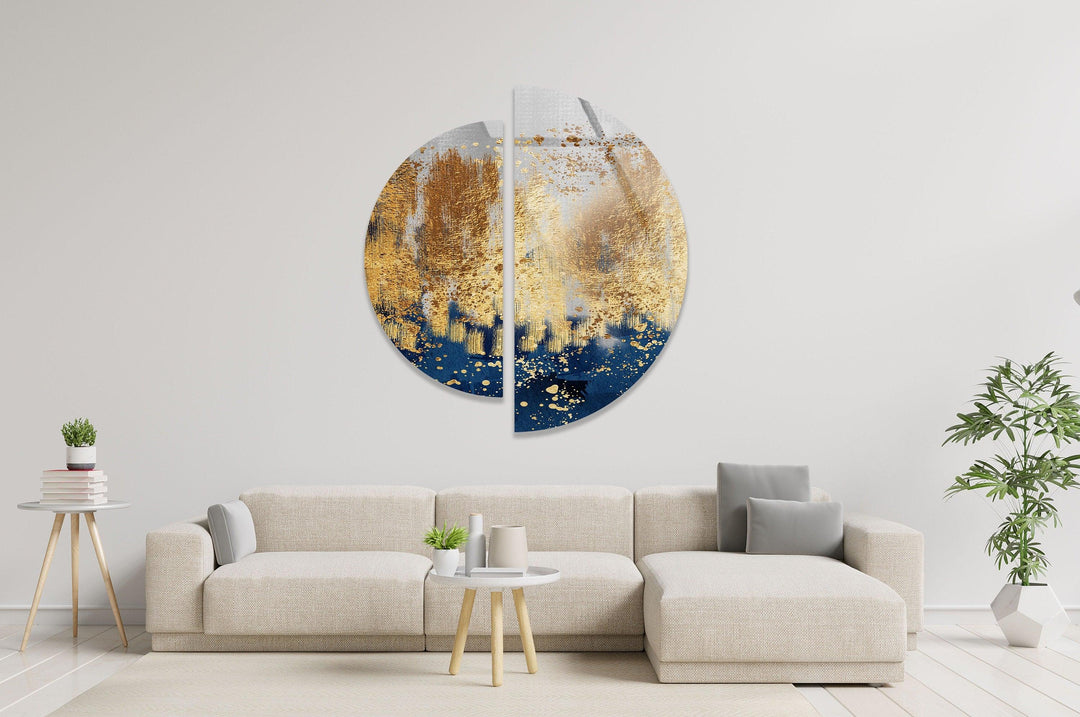 Round 2 Piece Blue & Gold Glass Wall Art glass pictures for Wall, glass prints wall art
