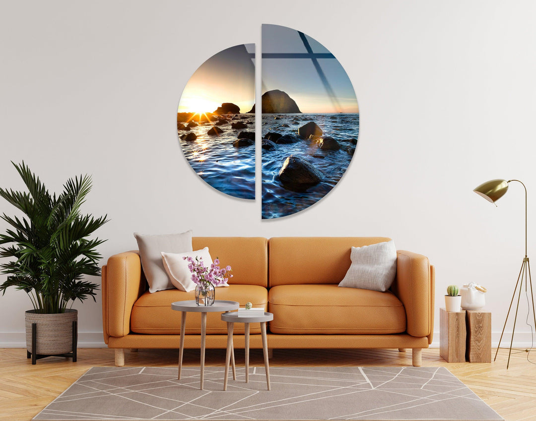 Round 2 Piece Sea Landscape Glass Wall Art glass art painting, glass art for the Wall
