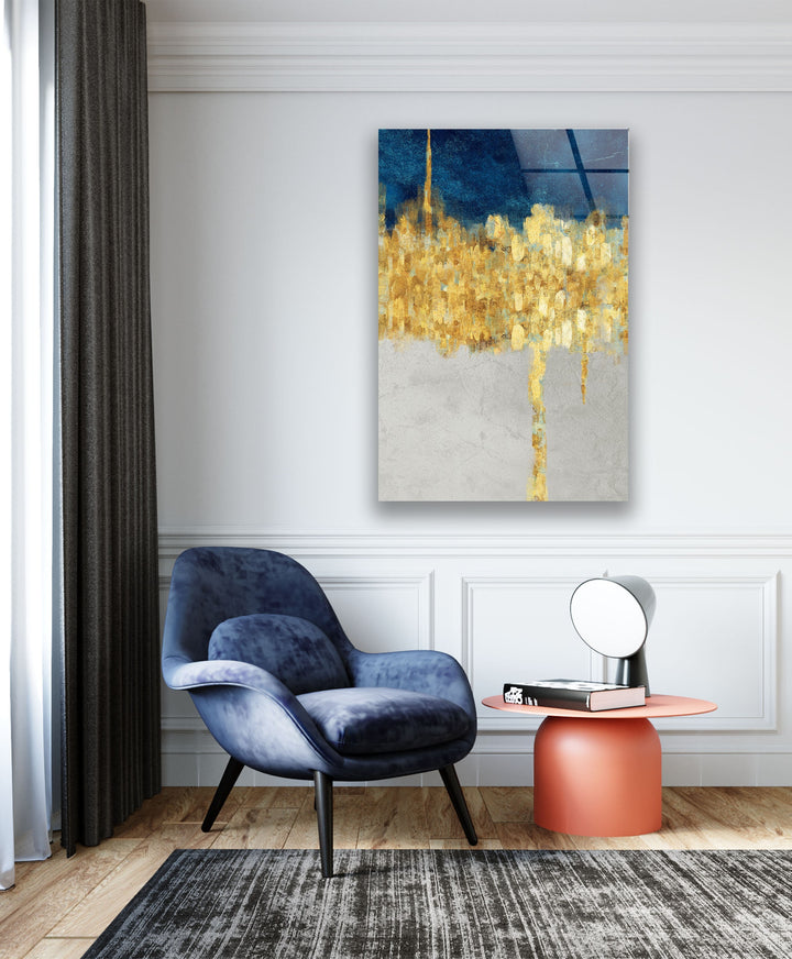 Gold&Blue Essential Abstract Glass Wall Art , photo print on glass, prints on glass wall art