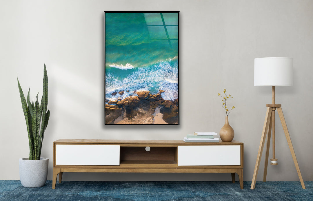 Blue Water With Some Rocks Glass Wall Art print picture on glass, Tempered Glass Wall Art