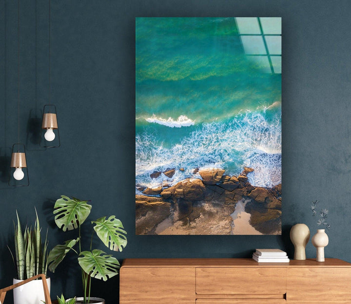 Blue Water With Some Rocks Glass Wall Art print on glass, glass printed photos