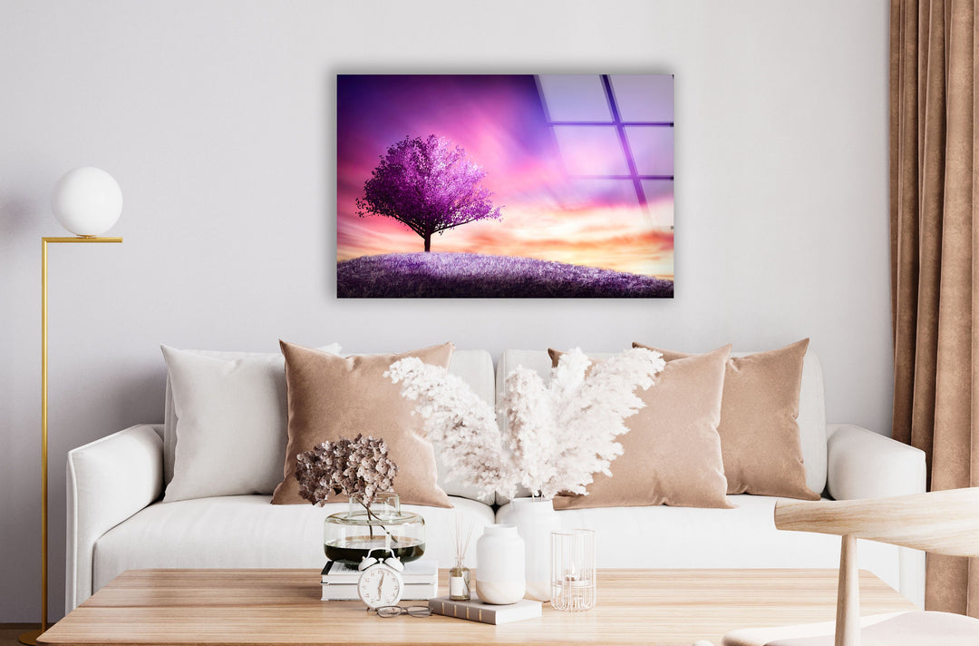 Purple Tree Landscape Glass Wall Art print picture on glass, Tempered Glass Wall Art