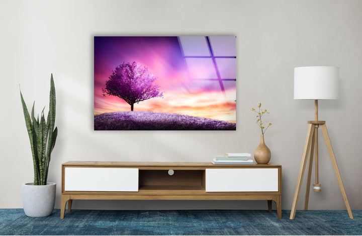 Purple Tree Landscape Glass Wall Art large glass photo prints, glass wall photos