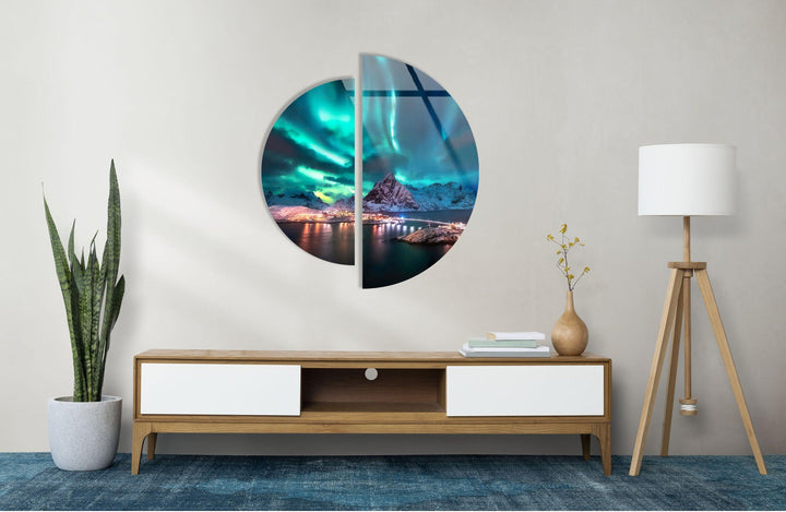 Round 2 Piece Aurora Lights Glass Wall Art print picture on glass, Tempered Glass Wall Art
