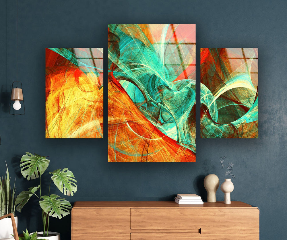 Orange & Green Abstract Glass Wall Art, glass pictures for Wall, glass prints wall art