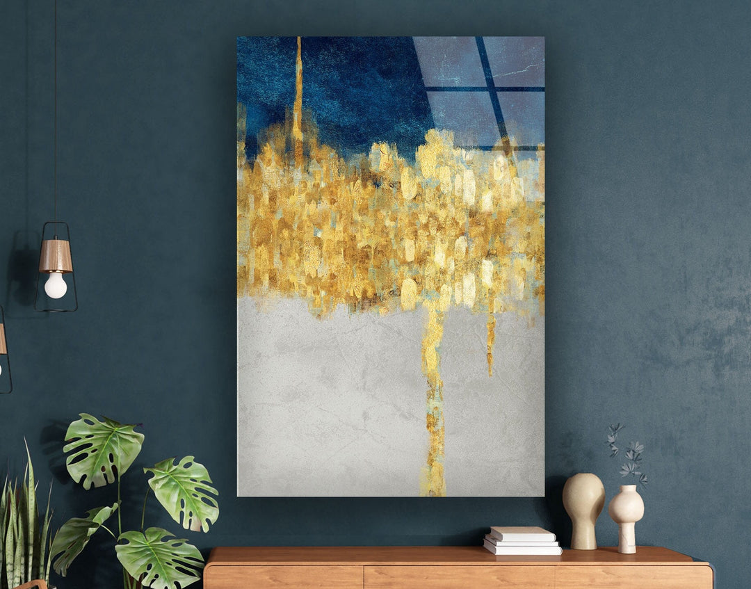 Gold&Blue Essential Abstract Glass Wall Art , glass art for the Wall, custom glass pictures