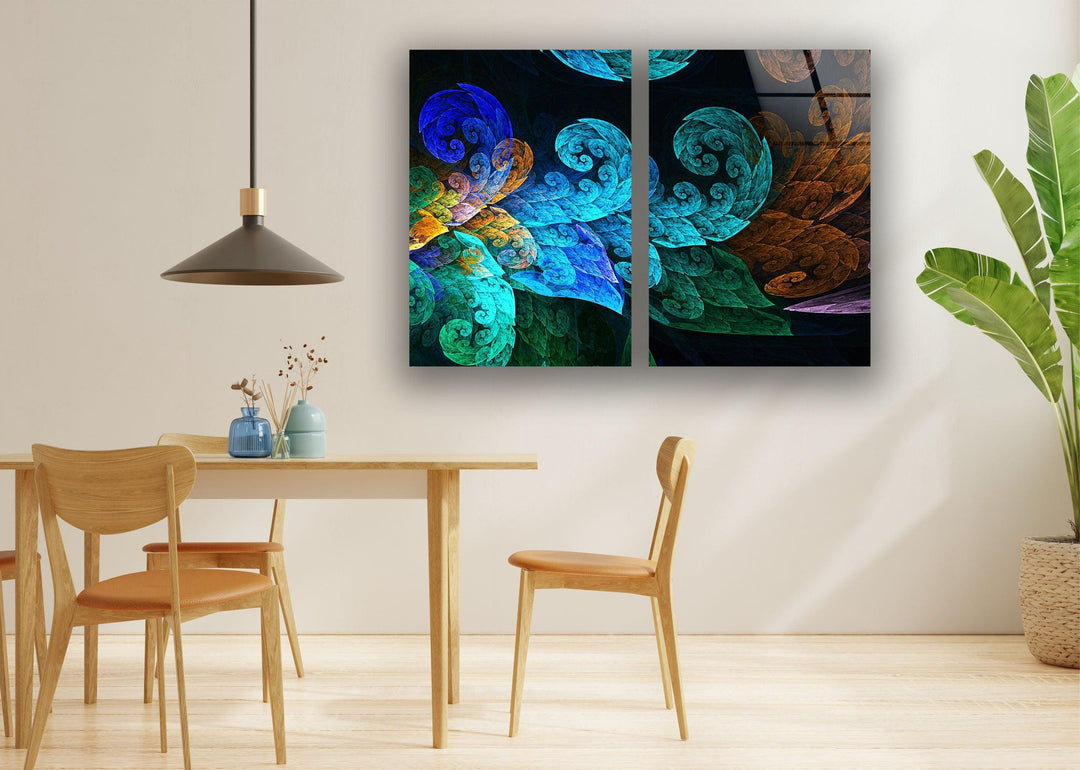 Blue Fractal Leaves Abstract Glass Wall Art, print picture on glass, Tempered Glass Wall Art