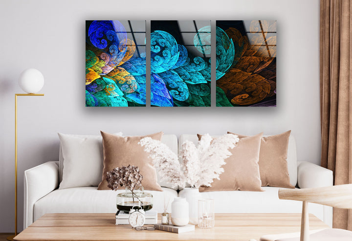 Blue Fractal Leaves Abstract Glass Wall Art, glass art painting, glass art for the Wall