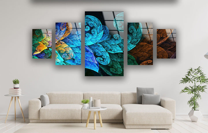 Blue Fractal Leaves Abstract Glass Wall Art, picture on glass wall art, photos printed on glass