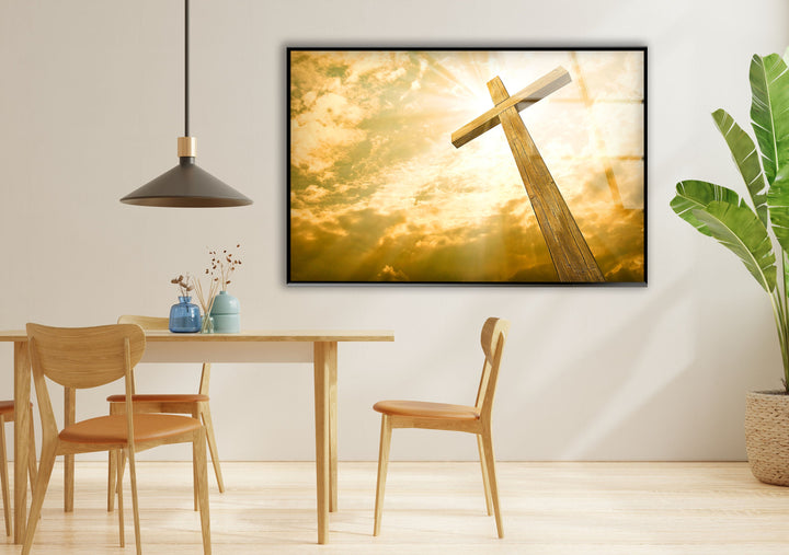 Yellow Christian Jesus Cross Picture on Glass | Elegant Wall Art