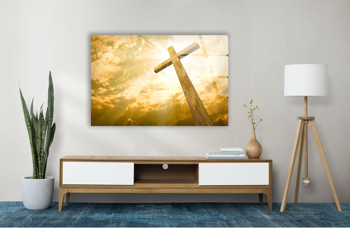 Yellow Christian Jesus Cross Glass Photos for Wall Decor