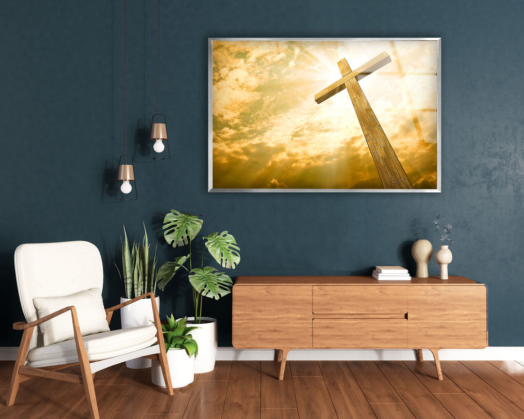 Yellow Christian Jesus Cross Glass Wall Artwork