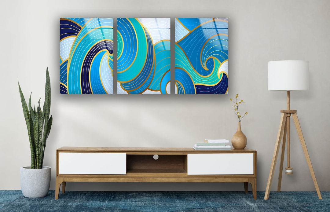 Blue Waves Abstract Glass Wall Art, glass wall decor, glass wall art decor