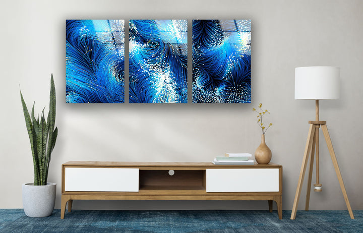 Blue Flowing Lines Abstract Glass Wall Art, glass wall decor, glass wall art decor