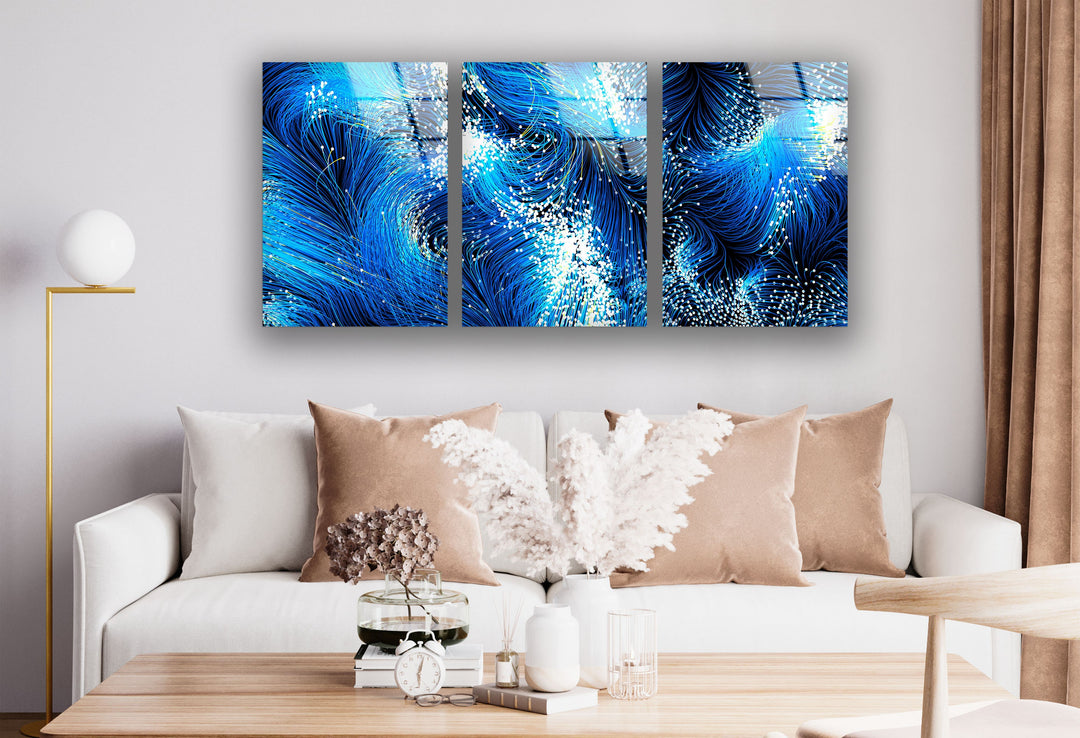 Blue Flowing Lines Abstract Glass Wall Art, glass art painting, glass art for the Wall