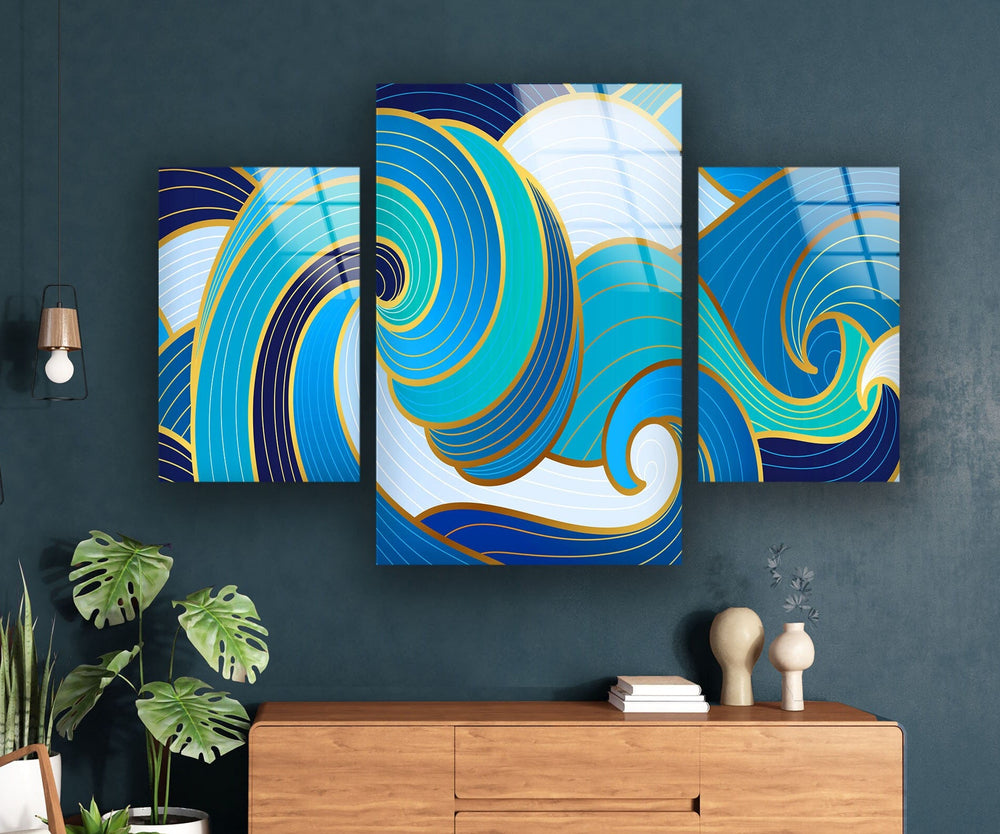 Blue Waves Abstract Glass Wall Art, picture on glass wall art, photos printed on glass