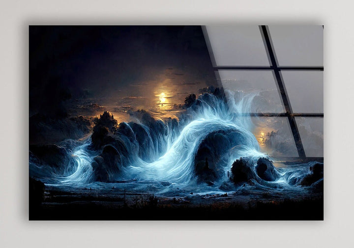 Seascape Night Fantasy Glass Wall Art glass art painting, glass art for the Wall