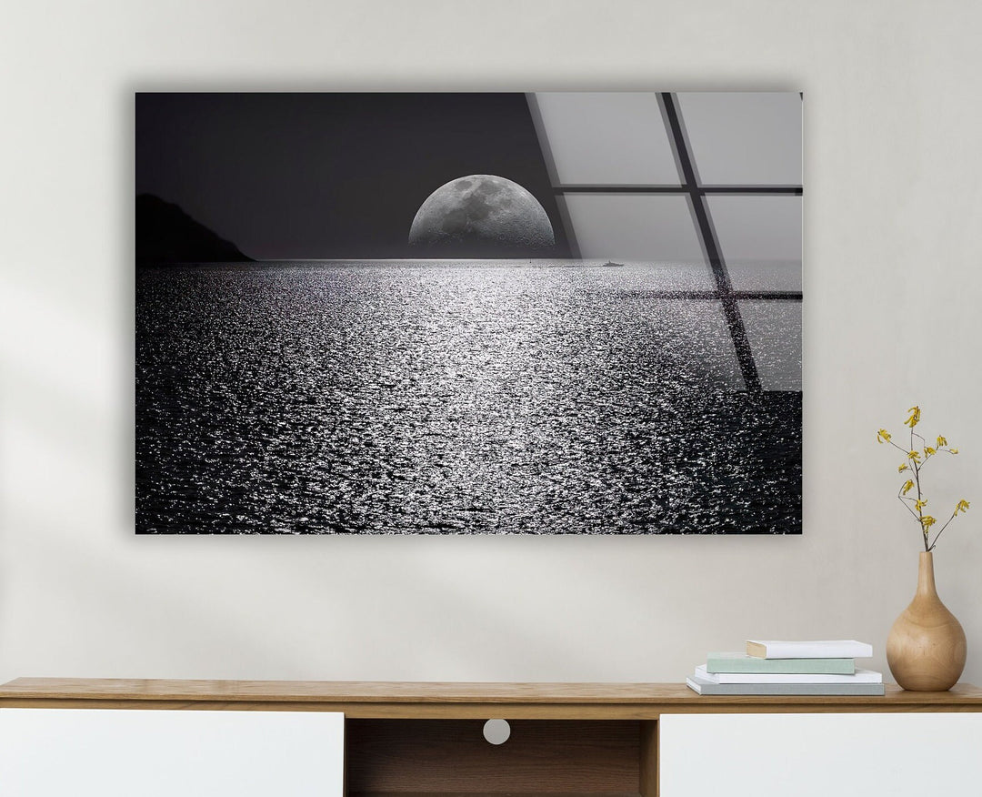 Black & White Moon Ocean Glass Wall Art print picture on glass, Tempered Glass Wall Art