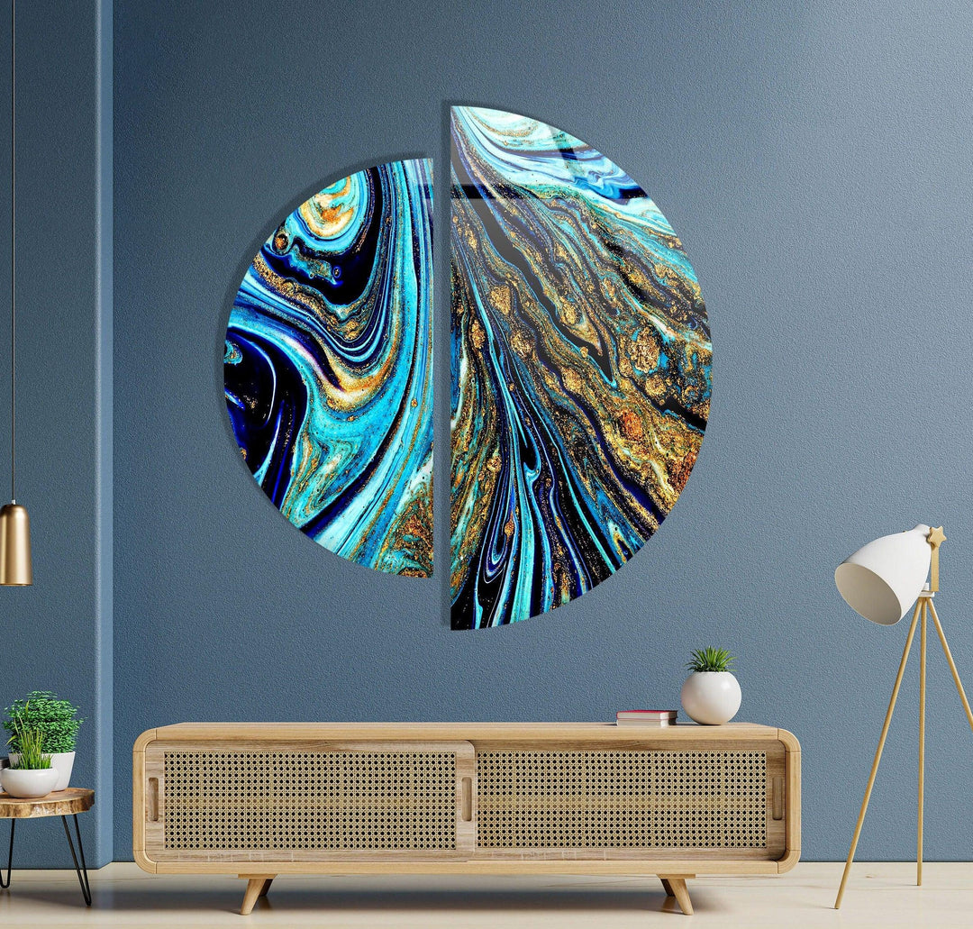 Two Pieces Round Abstract Blue and Gold Glass Wall Art glass art painting, glass art for the Wall
