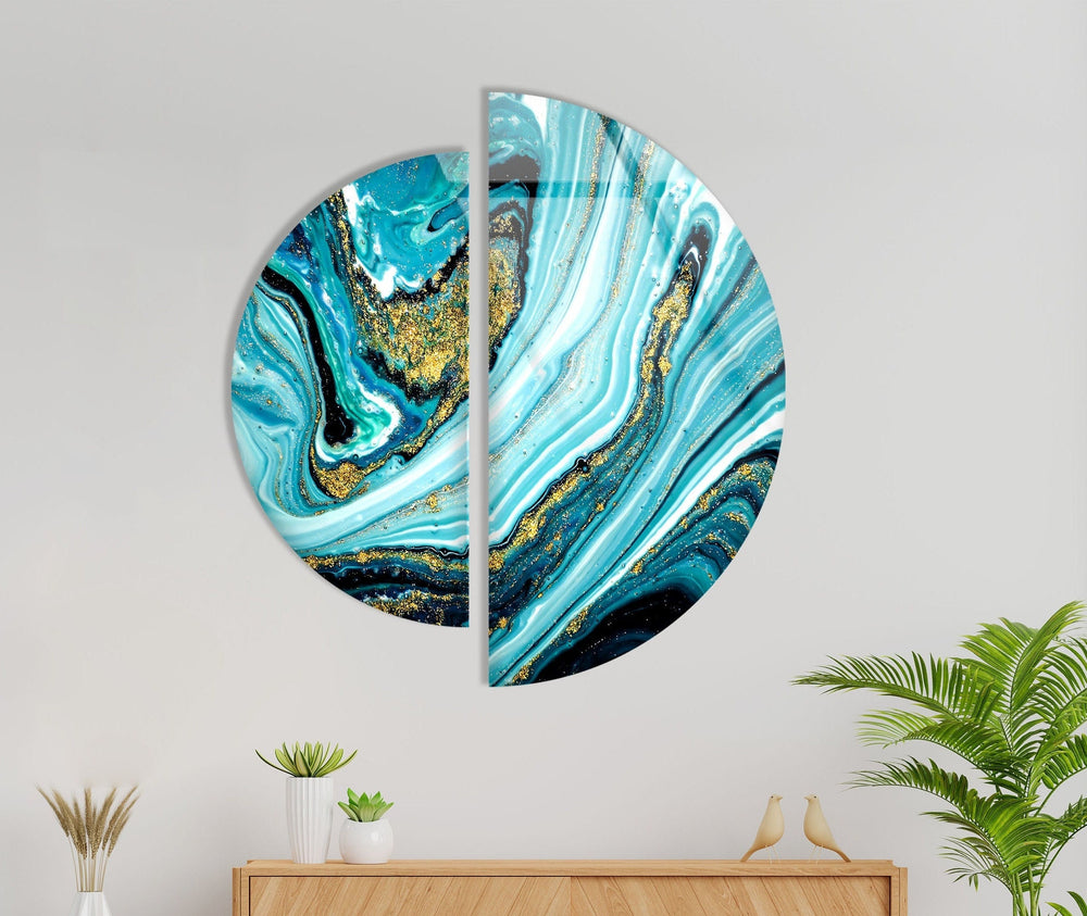 2 Piece Blue Alcohol ink Gold Abstract Glass Wall Art glass art painting, glass art for the Wall
