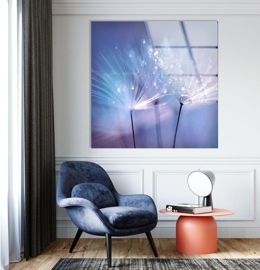 Dandelion Blue Sparkling Drops Glass Wall Art, glass image printing, glass prints from photos