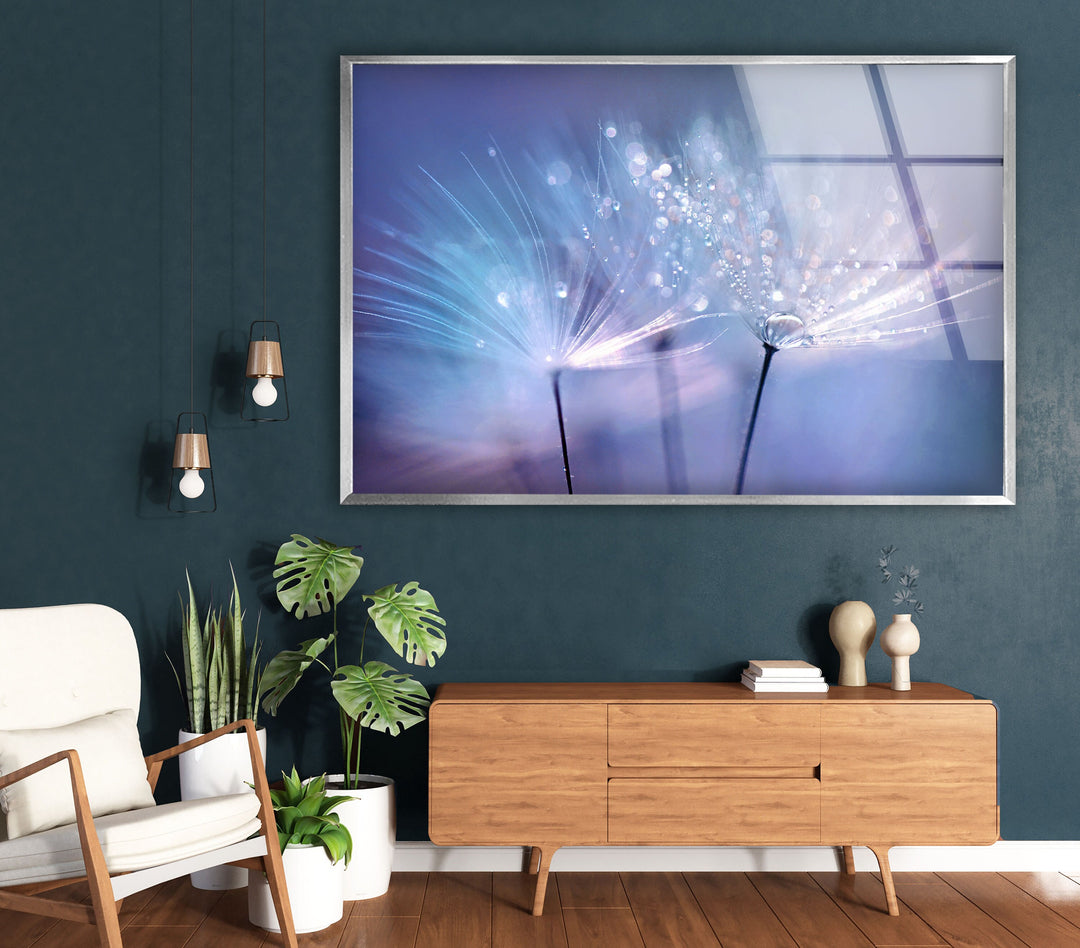 Dandelion Blue Sparkling Drops Glass Wall Art, glass photo prints, glass picture prints