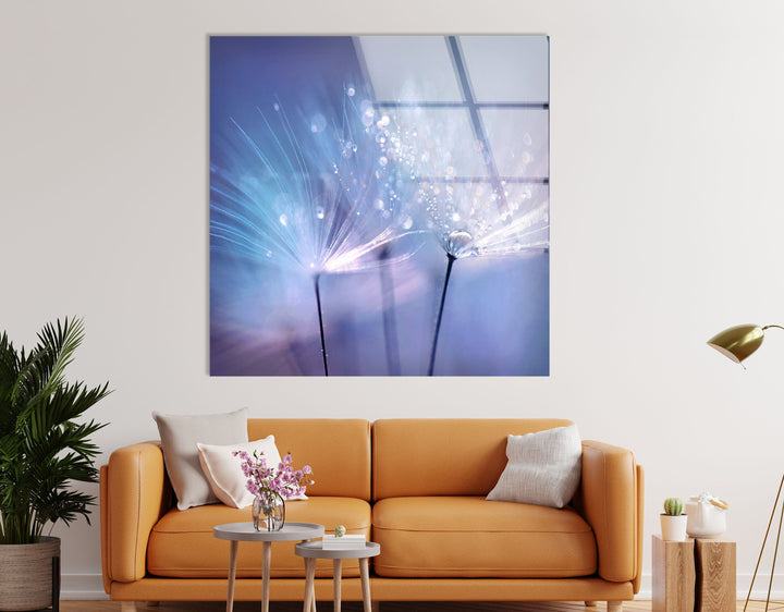 Dandelion Blue Sparkling Drops Glass Wall Art, picture on glass wall art, photos printed on glass