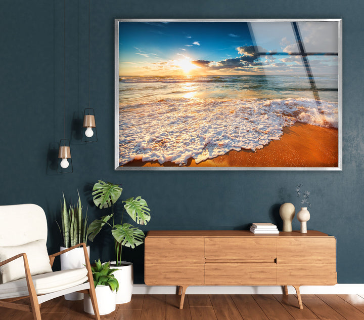 Beach Wave & Sunrise Glass Wall Art glass pictures for Wall, glass prints wall art