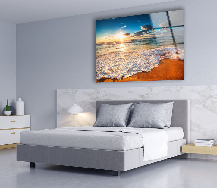 Beach Wave & Sunrise Glass Wall Art large glass photo prints, glass wall photos