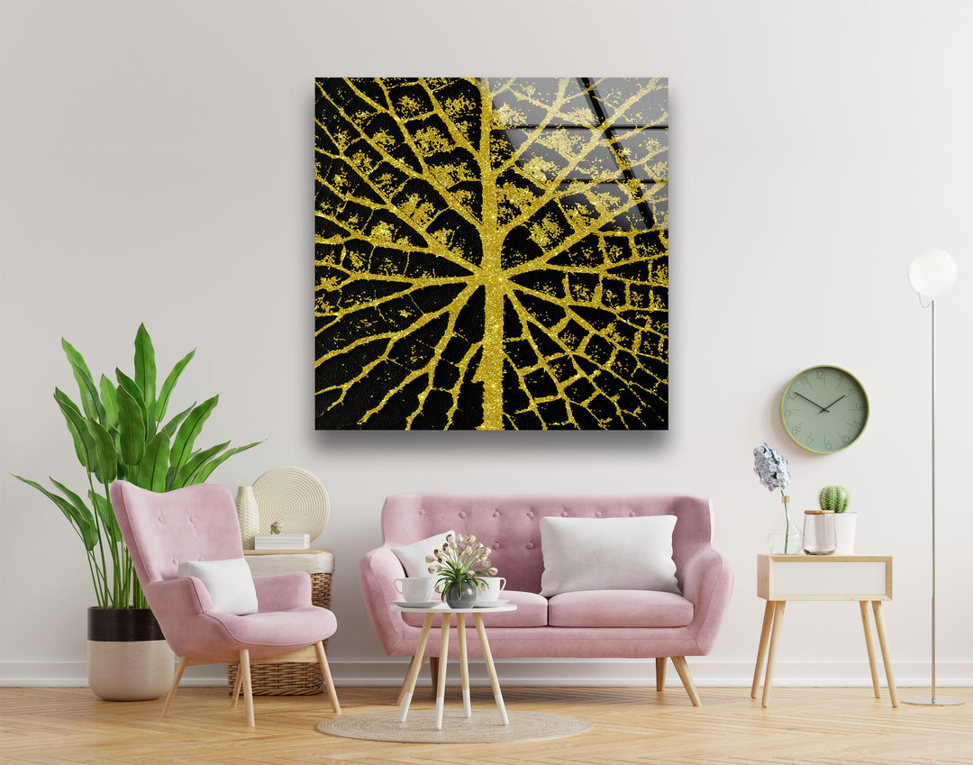 Golden Sparkle Leaves Glass Wall Art custom glass pictures, glass art prints