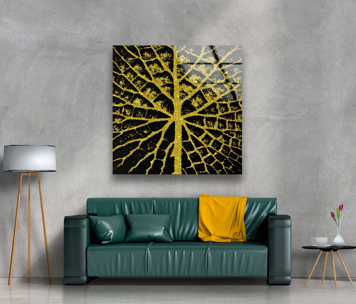 Golden Sparkle Leaves Glass Wall Art print picture on glass, Tempered Glass Wall Art