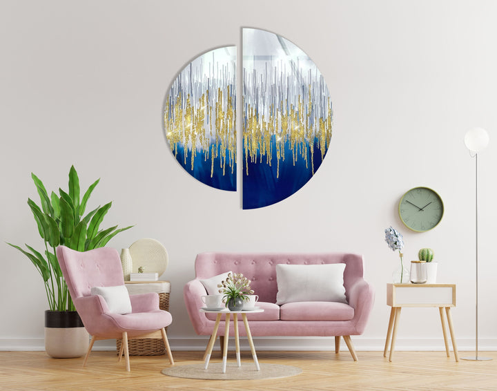 2 Piece Gold & Blue Abstract Glass Wall Art print on glass, glass printed photos
