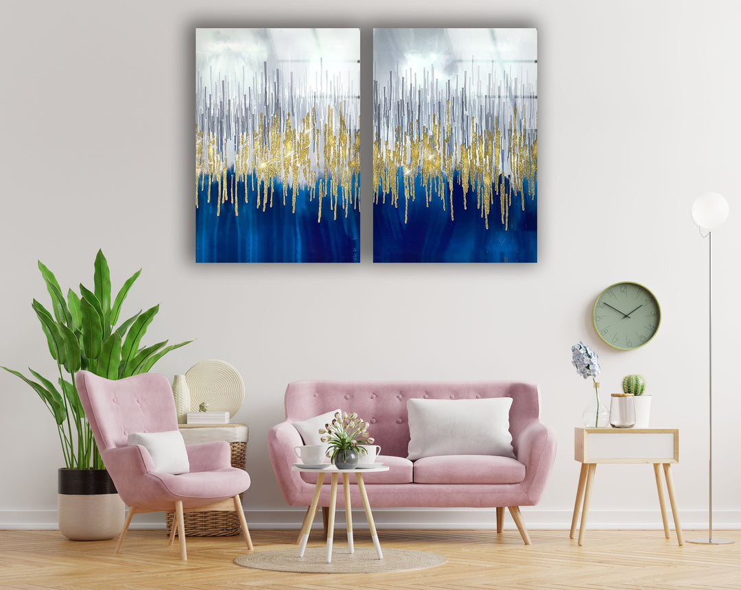 Blue & Gold Sparkles Glass Wall Art, large glass photo prints, glass wall photos