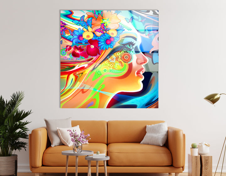 Woman Face with Butterfly Glass Wall Art, glass pictures for Wall, glass prints wall art