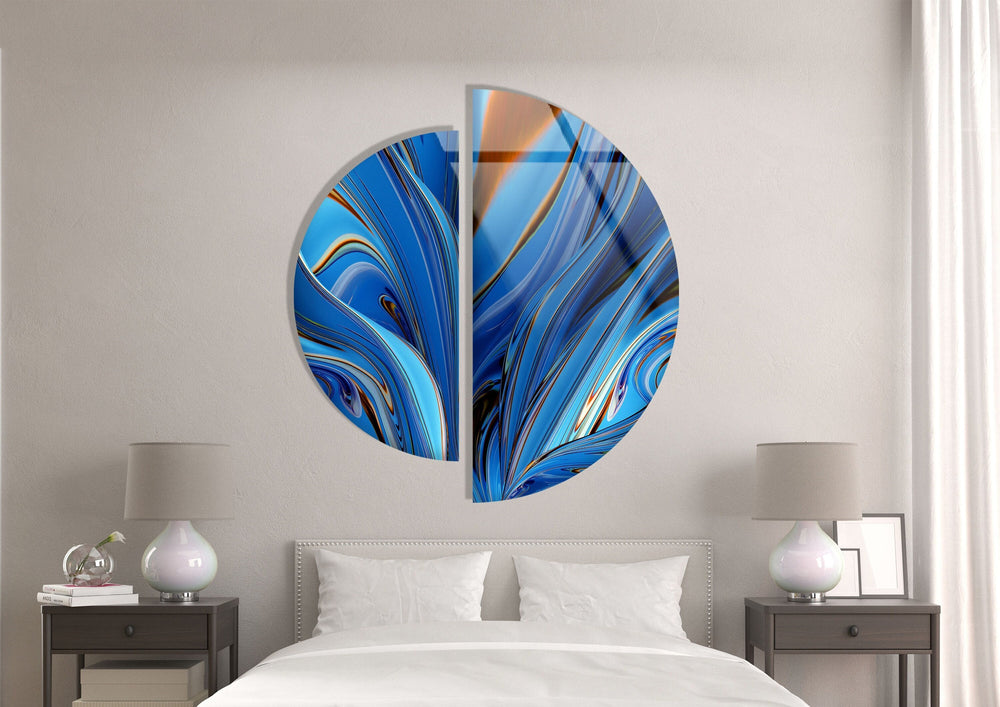 2 Pieces Round Blue Fractal Wall Art Glass Wall Art glass photo prints, glass picture prints
